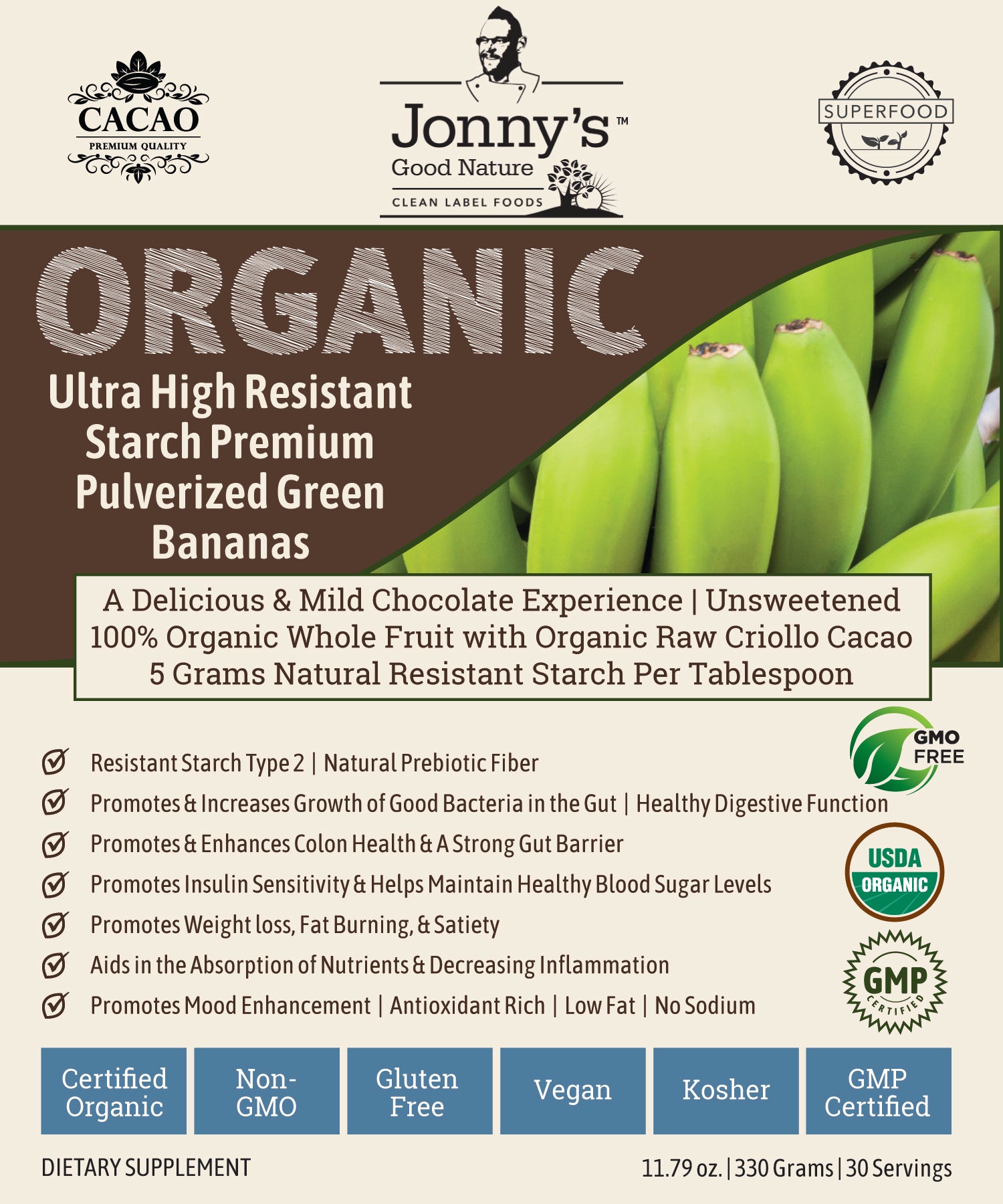 Organic Chocolate Ultra High Resistant Starch Premium Pulverized Green Bananas | Made With 100% Organic Criollo Cacao | Free Shipping Inside Continental US